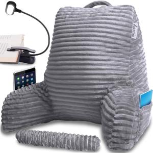 Homie Reading Pillow with Reading Light and Wrist Support, Has Arm Rests, and Back Support for Bed Rest, Lounging, Reading, Working on Laptop, Watching TV Gray, Large 18in x 31in