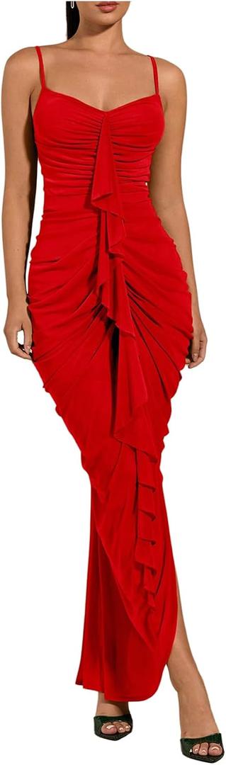 Floerns Women's Ruffle Ruched Cami Dress Draped Split Elegant Bodycon Maxi Dresses Red Small