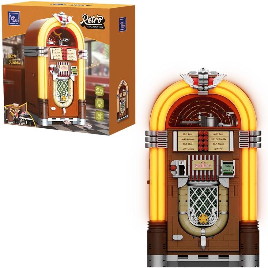PANTASY Retro Jukebox Building Kit with Coin & Sound Function, Mechanical Music Box Model with Acrylic Records, Recording Studio & Minifigure, Collectible Construction Toy Gift for Adults and Teens