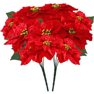 Poinsettias Artificial Christmas Flowers Bouquet 2 Pack Large Red Poinsettia Flowers for Indoor Outdoor Xmas Tree Ornament Porch Home Garden Decorations (Flower Head-9.8inch)