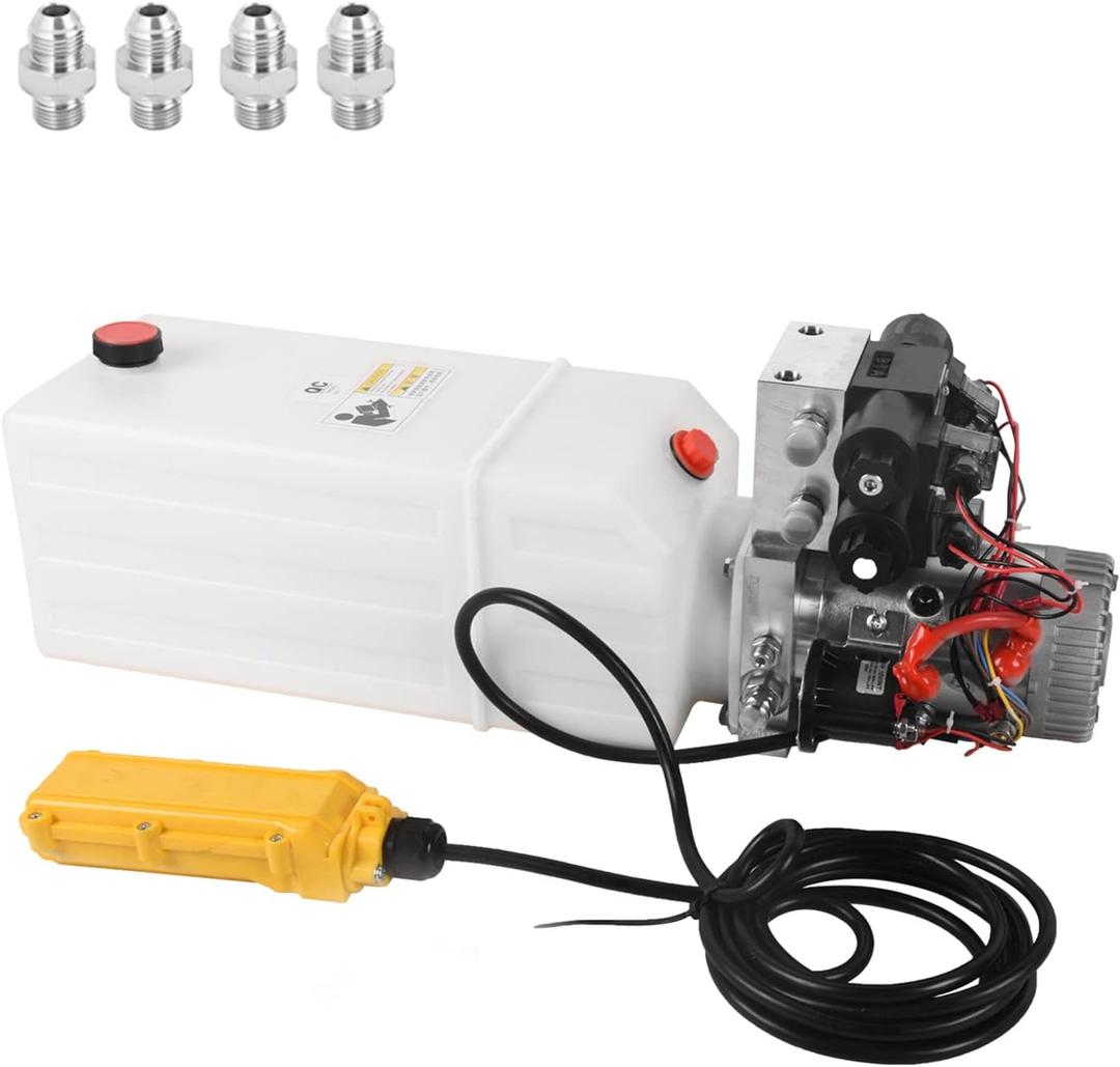 8 Quart Hydraulic Pump 12V DC Hydraulic Power Unit Double Acting Double Solenoid Dump Trailer Pump with Plastic Reservoir for Dump Trailer & Lifting Platforms