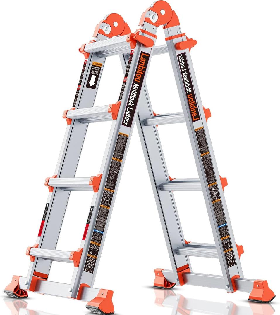 LANBITOU Ladder A Frame Extension Multi Position Telescoping,14Ft,Silver