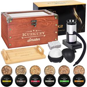 Cocktail Smoker Kit - Whiskey Smoker Kit with Smoking Gun, Smoker Box, 6 Flavors Wood Chips with Whiskey Stones & Ice Mold - Bourbon Old Fashioned Smoker Kit, Gifts for Men, Dad (Torch Not Required)