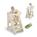 2-in-1 Folding Learning Tower for Children, Montessori Stool Adjustable Height, Versatile Montessorian Ladder with Seat Kit and Tray for Children, Green