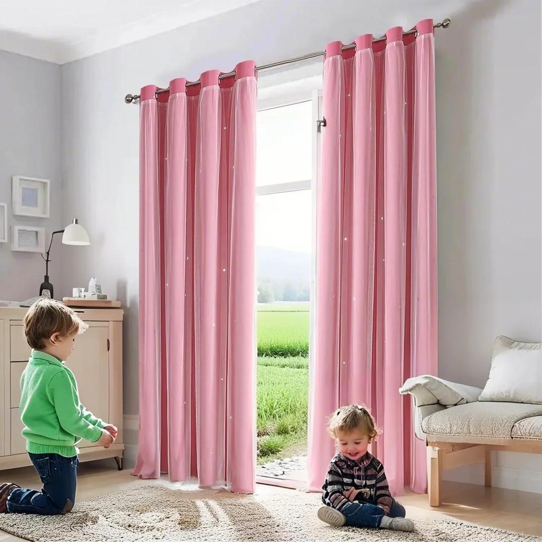 ABREEZE Princess Pink Curtain Hollow-Out Stars Dual Layer Grommet Top Mix and Match Blackout Curtains with White Sheer for Living Girl Room(1 Panel,59 x 96 inch,Pink)