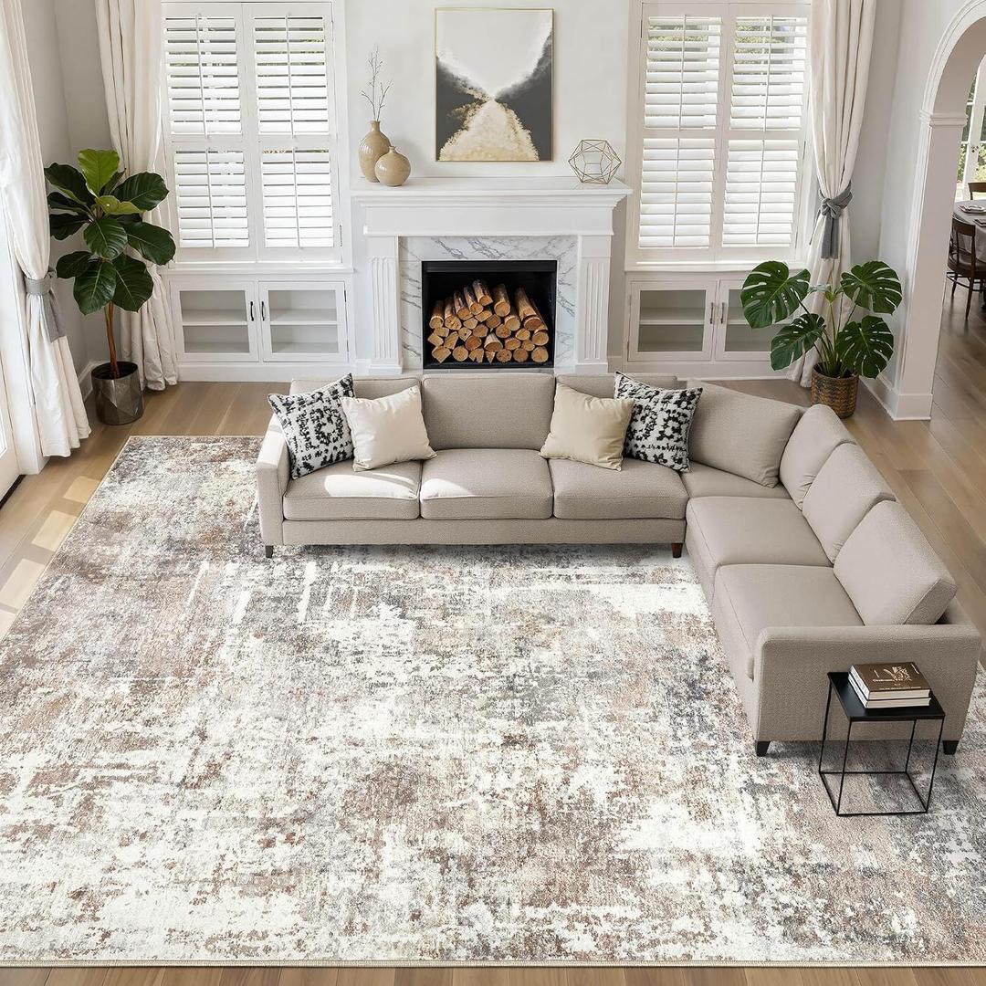 110"/70" Area Rugs Washable Large Neutral Modern Living Room Rug Abstract Soft Stain Resistant Indoor Non-Slip Accent Carpet for Bedroom Nursery Playroom Dining Room Office- Brown