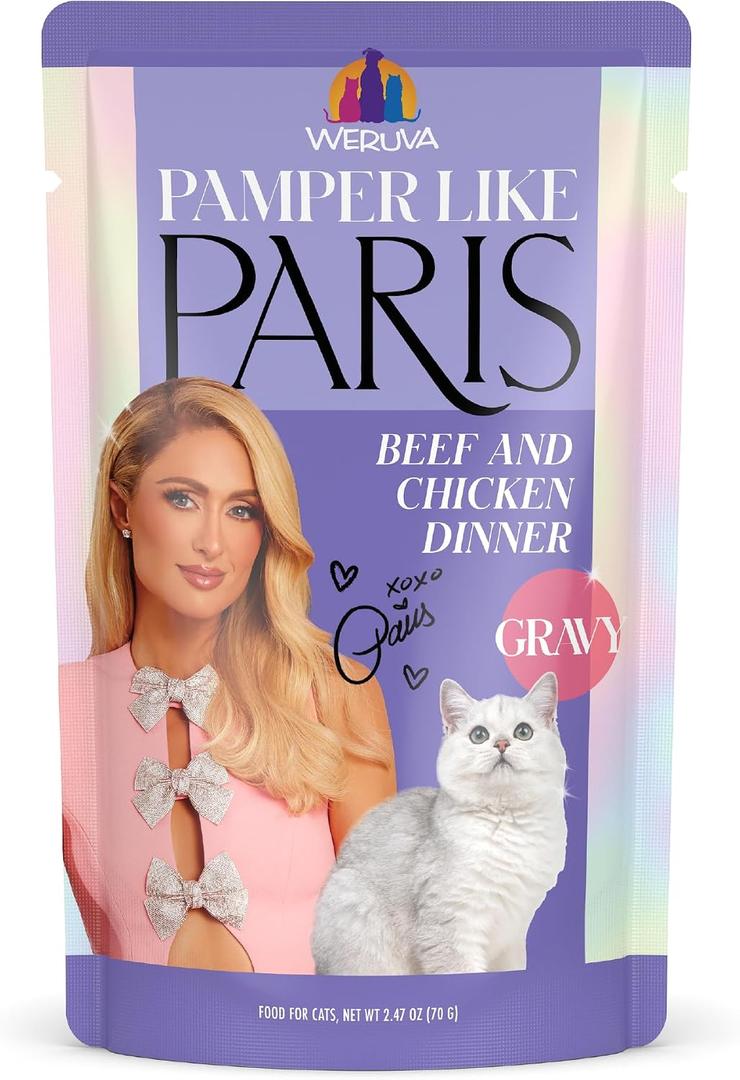 Weruva Paris Hilton Pamper Like Paris Wet Cat Food, Beef and Chicken in Gravy, 2.47oz Pouch, Pack of 12 (EXP 03/12/28)