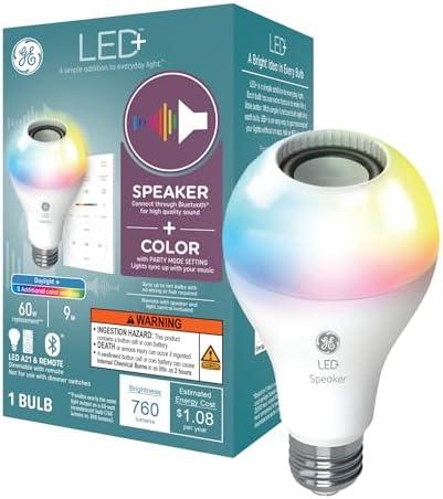 GE LED+ Color Changing Speaker LED Light Bulb with Remote, Daylight and Multicolor, A21 Standard Bulb (1 Pack)