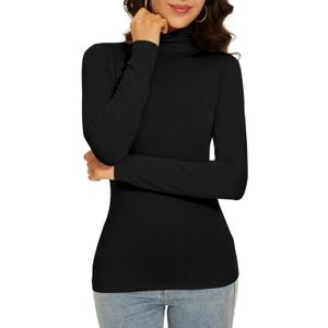 Women's Turtleneck Long Sleeve Thermal Tops Slim Fitted Lightweight Thin Basics Layer Tshirt (XS-2XL) (Black, S)