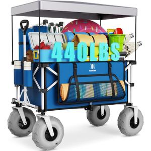 Navatiee Beach Wagon with Big Balloon Wheels for Sand, 200L Extra Large Beach Cart with Canopy, 440Lbs Heavy Duty Folding Wagon Collapsible with 9" Tires & Side Pocket for Beach, Outdoor, Blue