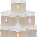 MANCHUANG 4 Pack Cube Storage Bins, 11 x 11 Inch Stitching Color Collapsible Fabric Storage Basket with Ropes, Foldable Storage Cubes for Home, Office,Closet, Clothes (White & Beige)