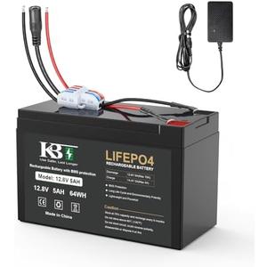 KBT 12V 5Ah Rechargeable LiFePO4 Battery, Bare Leads Wire Replacement Battery Pack with Charger Compatible with 12V Devices DIY Bluetooth Speaker Boombox Radio