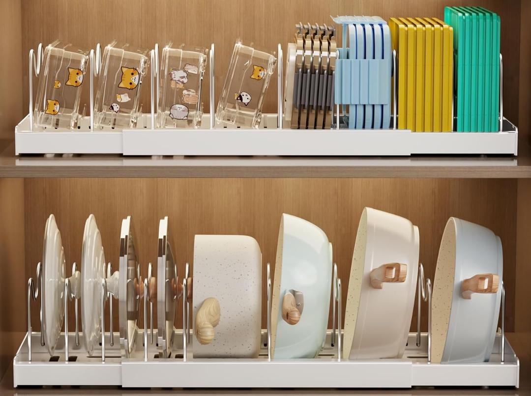 Mustorn 2 Pack Pots and Pans Organizer Under Cabinet, 22" Expandable Food Storage Container Lid Organizers with 9 Adjustable Dividers Pot and Pan Lid Holders Rack Inside Cabinet/Countertop(White)