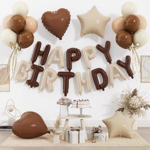 29PC Cream Brown Happy Birthday Balloon Banner, 16Inch 3D Aluminum Letter Banner Sign, Brown Apricot Dusty Ivory White Balloon 18 Inch Star Heart Foil Balloon for Women, Men Party Supply