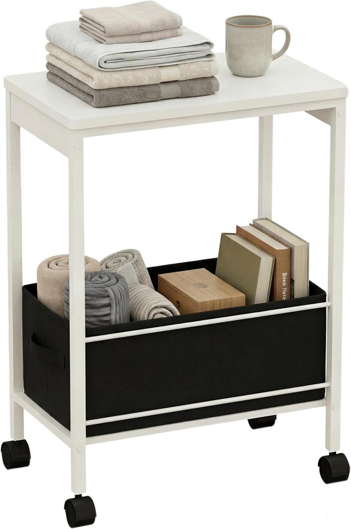 White Rolling Side Table with Storage Basket, Narrow End Table on Wheels for Small Spaces, 15.75" D x 9.84" W x 22.05" H Sofa Side Table with Fabric Bin for Living Room and Bedroom