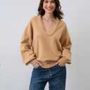 Livtany Womens Oversized Ribbed Deep V Neck Sweater Long Sleeve Drop Shoulder Pullover Top Casual 2024 Trendy Fall Clothing Khaki (L)