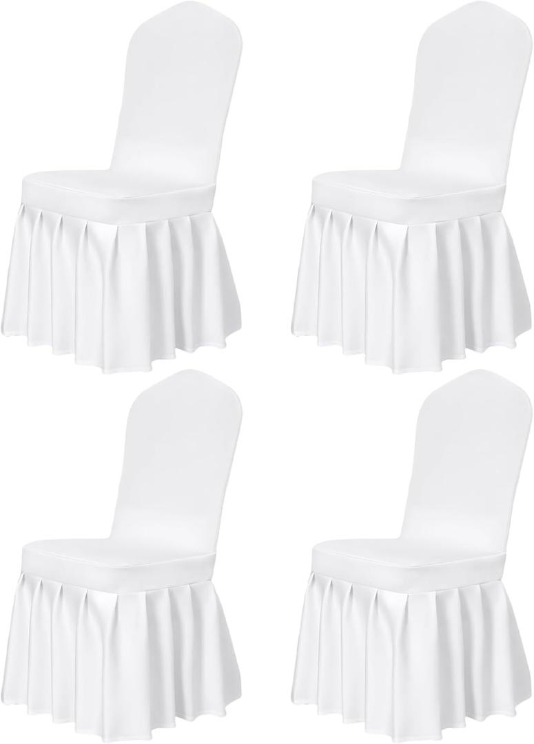 White Chair Covers with Long Skirt for Dining Room 4pcs Stretch Parsons Slipcovers with Skirt,Washable Universal Parson Chair Protector for Dining Room, Hotel, Ceremony, Party(White)