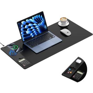 TopMade Mouse Pad with 15W Wireless Charging, Removable 8-Digit Solar Calculator, 31.5" x 15.75" XXL Large Desk Pad, Gaming Computer Keyboard Pad, Waterproof Mousepad Home Office Desk Mat, Black