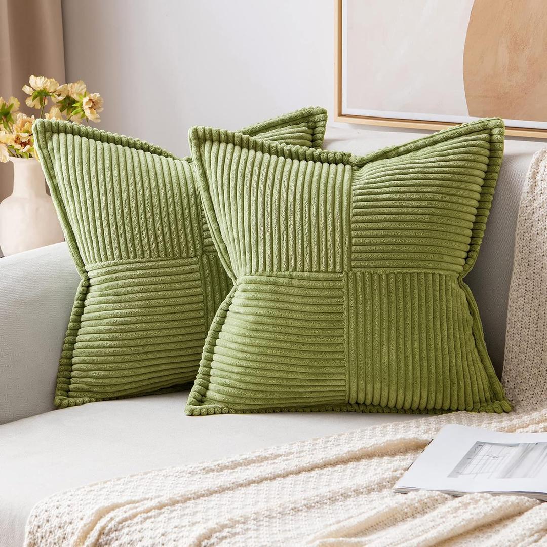 MIULEE Decorative Throw Pillow Covers for Couch Bed Livingroom 18x18 Inch Set of 2 Green Boho Accent Throw Pllows Broadside Striped Patchwork Soft Corduroy Summer Pillowcases