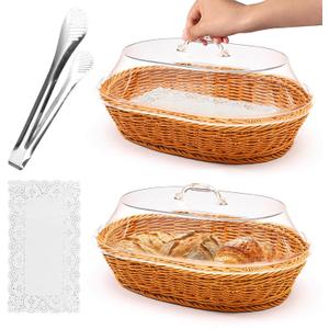 Rattan Bread Baskets, 2 Pack, Oval Woven Baskets with Acrylic Lids, 15.75 x 11.81 inches, Stainless Steel Tongs, Lace Doilies, for Bread, Fruit, Food Display