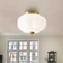 Milk Glass Ceiling Light Fixture - Farmhouse Antique Brass Semi Flush Mount Ceiling Light for Kitchen, Hallway, and Bedroom (White 15 inch)