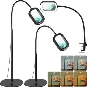 Drdefi 10X Rectangular Magnifying Glass with Light and Stand, 24" Flexible Gooseneck Floor Lamp, 5 Color Modes Stepless Dimmable, 3-in-1 LED Lighted Magnifier Light Hands Free for Reading Craft Sewing (Floor model with base, Black)