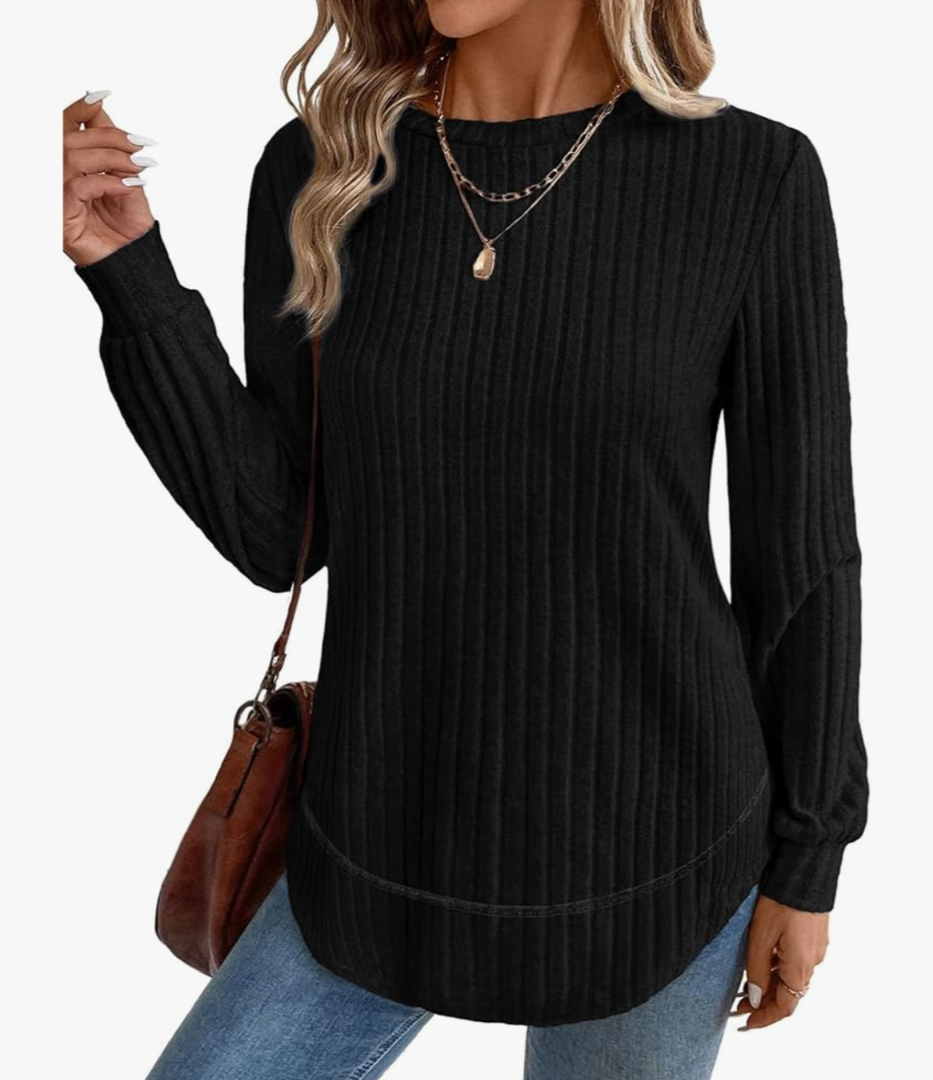 OFEEFAN Tunic Tops for Women Loose Fit Dressy Long Sleeve Shirts Womens Sweaters Crew Neck Fall Clothing with Curved Hem. XL