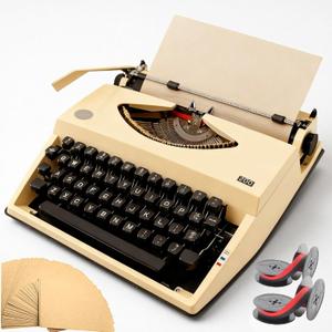 Beige Classic Manual Typewriter Vintage-Style, Portable Writing Machine with Carrying Case, 2 Ink Ribbons & 100 Kraft Sheets, Decorative Display for Home Office