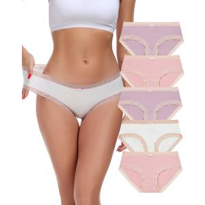 ANLIQI Cotton Underwear for Women Soft Lace Trim Hipster Panties Low Rise Bikini Undies Multipack (Small, 5-pack B-purple/White/Pink)