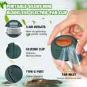 Portable Silent Mini Bladeless Fan Clip on, Portable Silent Mini Bladeless Electric Fan, For Outdoor & Travel & Office, Travel Accessories, Gift, Adjustable 3-Speed (Type-c, Green)