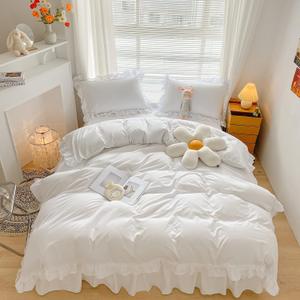 MOOWOO Chic Ruffle Lace Polyester Duvet Cover Set -Girl White Bedding-3 Piece Full Duvet Cover with Zipper Closure -Ultra Soft and Light Weight (White, Full)-No Comforter