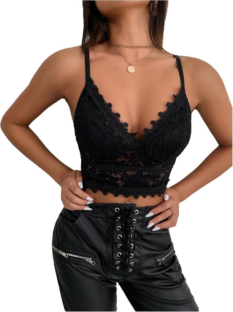 Verdusa Women's Floral Lace Crop Corset Tops Rave Sleeveless Slim Fit Date Night Tops (Black, L)