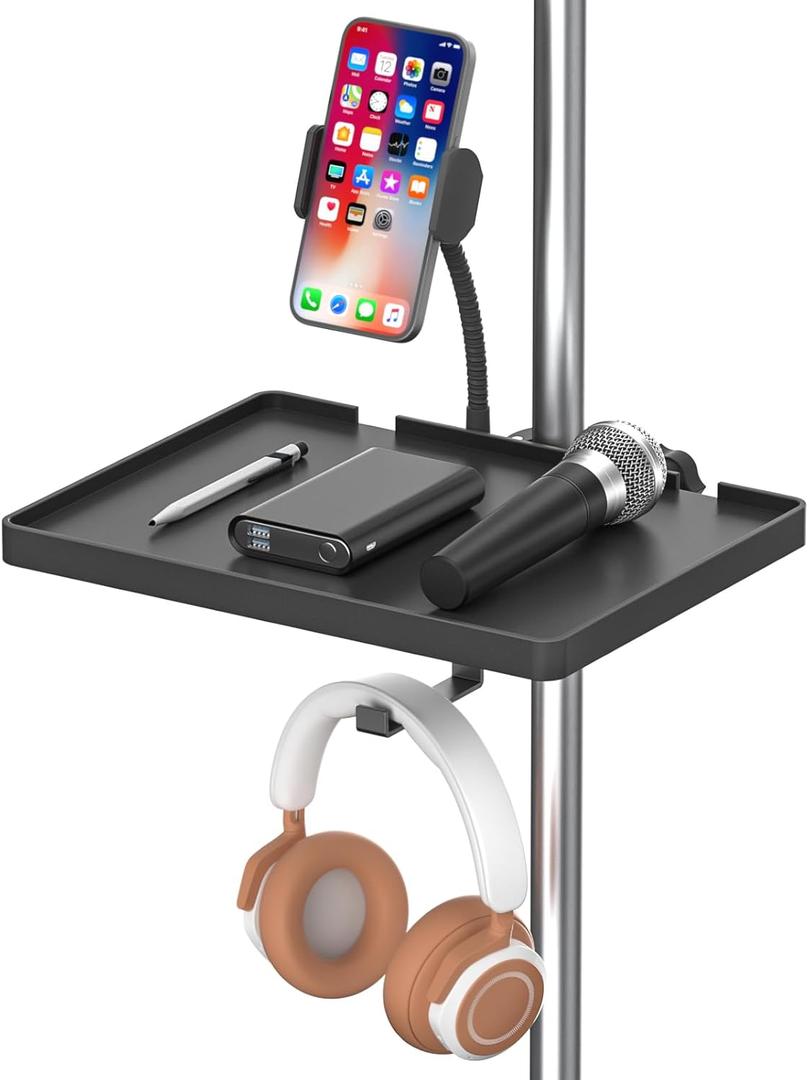 Functional Microphone Stand Tray with Adjustable Mic Stand Phone Holder - 8.7"x6.5" Mic Stand Tray Shelf Clamp-On Music Stand Accessory for Live Streaming Karaoke Recording (Plastic Small Tray)