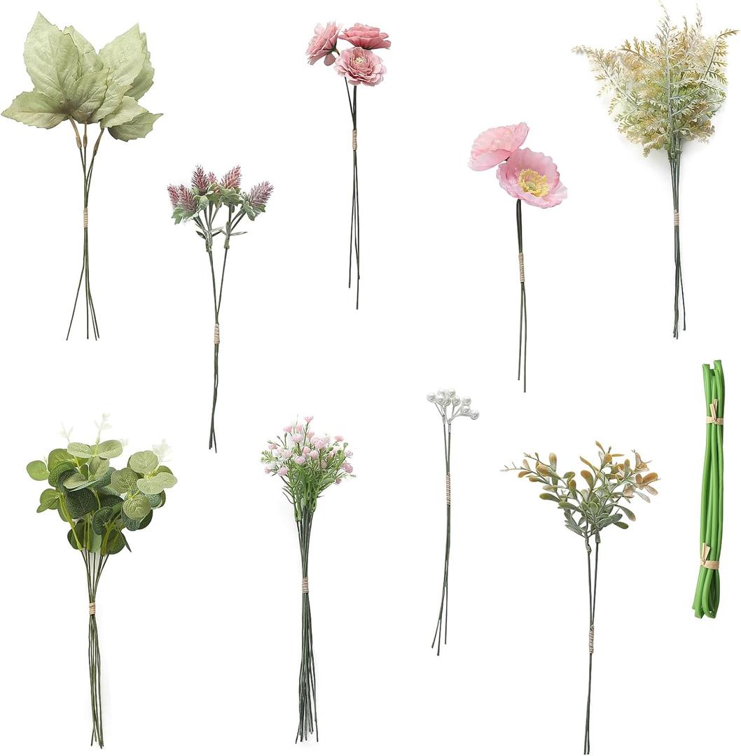 Floroom Artificial Greenery Stems Box Set, 45pcs with 6 Kinds of Faux Greenery Flowers Picks for DIY Bridal Bouquets Wedding Floral Arrangement Table Centerpieces, Dusty Rose & Green