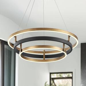 3 Ring LED Chandelier Black Gold Chandelier Light Fixture Dimmable Round Foyer Chandeliers Modern Circular Chandeliers Light for Dining Room Entry Bedroom Office Living Room 24in