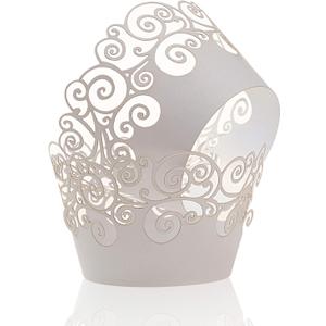 Cupcake Wrappers, KPOSIYA 100 Pack Cupcake Wraps Filigree Artistic Bake Cake Paper Cup Little Vine Laser Cut Liner Baking Cups Muffin Case Trays for Wedding Party Birthday Decoration (100, White)