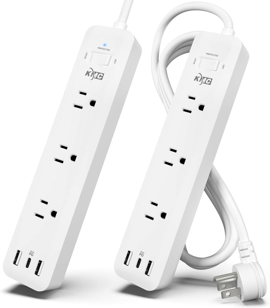 KMC USB-C PD Surge Protector 3-Outlet Power Strip 2-Pack, 30W Power Delivery USB-C Port, 2 USB-A Ports, 980J Surge Protection, 6-Foot Extension Cord, White