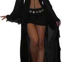 NRTHYE Women Mesh Long Flowy Kimono Cardigan Sexy Sheer Long Sleeve Ruffled Chiffon Duster Robe Summer Beach Cover Up (Black, L)