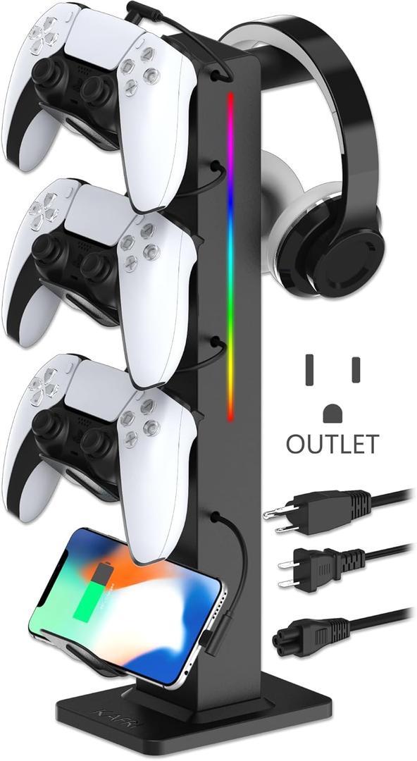 KAFRI RGB Gaming Headphone Stand with 8 Light Modes, Controller Holder for Desk - with Retractable Charger Cable - 2 Outlet Power & 4 Type-C Charging Port for PC Gamer Accessories(Grey)