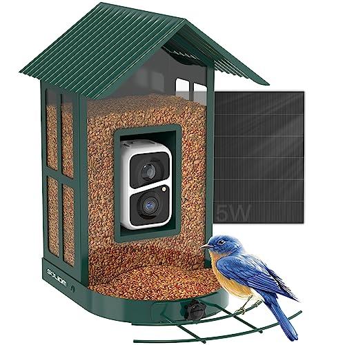 Soliom- Bird Feeder with Camera, 5W Solar Powered, AI Identify Species, Smart Wild Bird Watching, 2K Live View, Instant Arrival Alerts,Large 2.7L Seed Capacity, Metal Squirrel Chew-Proof - BF08 Green
