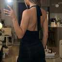 Women's Summer Halter Deep V Neck Ruched Bodycon Dress Sexy Mesh Ruffle Slit Hem Club Party Going Out Short Mini Dresses (Black, M)