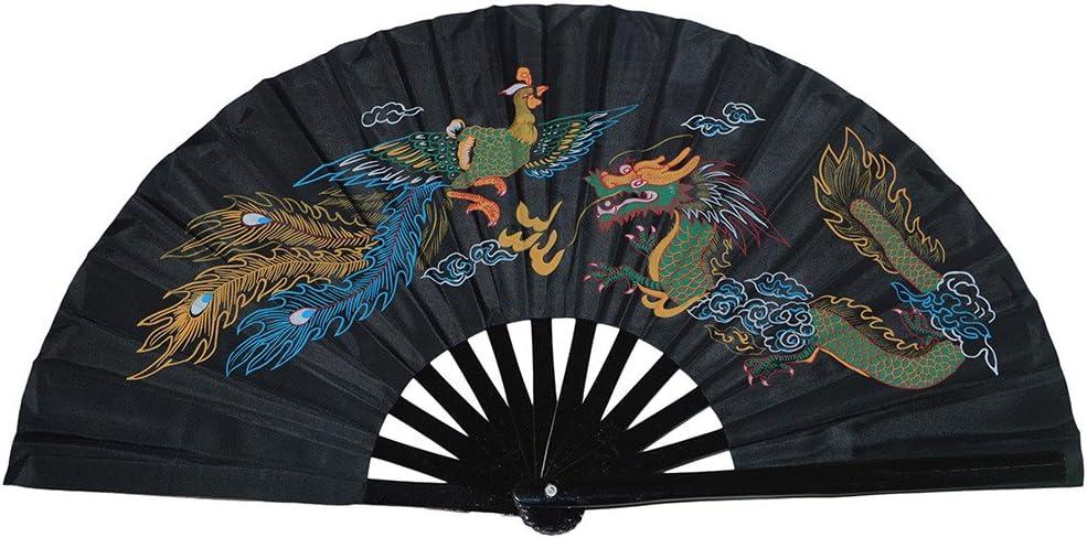 Chinese Kung Fu Tai Chi Fan Arts Dance/Practice Performance Bamboo Folding Fan (Dragon and Phoenix Black Background), 33 cm