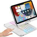 Magnetic 360 Rotating iPad mini A17 Pro 2024/ iPad mini 6 Keyboard Case Touchpad 7 Colors Backlit Keyboard Rotatable Slim Folio Keyboard Cover (Silver)
