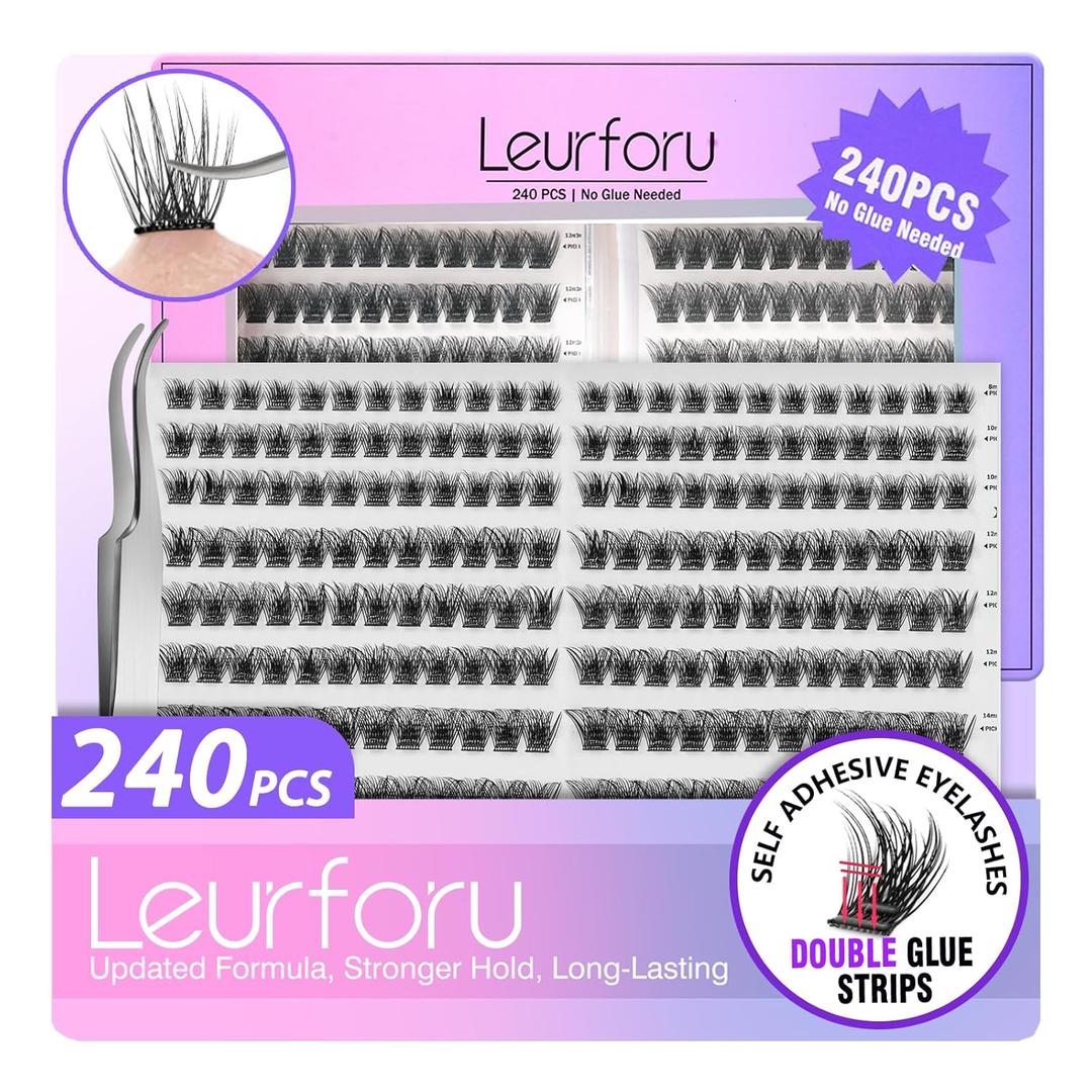 Self Adhesive Eyelashes Lash Clusters Kit 240 Pcs Lash Cluster Pre-glued Eyelash Clusters Wispy Lash Clusters DIY Eyelashes No Glue Needed False Eyelashes Individual Lashes With Tweezers