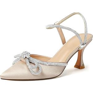Susanny Women's Closed Toe Rhinstone Wedding Low Heel Slingback Clear Kitten Heels,Adjustable Strap Pointed Toe Bow Pumps High Heeled Prom Dress Shoes, 39