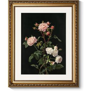 ARPEOTCY Vintage Gold Framed Wall Art, 13x16 inch Classic Floral Pink White Roses Paintings, Victorian Wall Decor for Living Room Bedroom, Canvas Prints Antique Pictures Frame for Room Decor