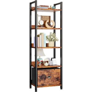 5 Tier Bookshelf with Drawer, Tall Narrow Bookcase with Shelves, Wood and Metal Bookshelves Storage Organizer, Industrial Display Standing Shelf Unit for Bedroom, Living Room, Rustic Brown