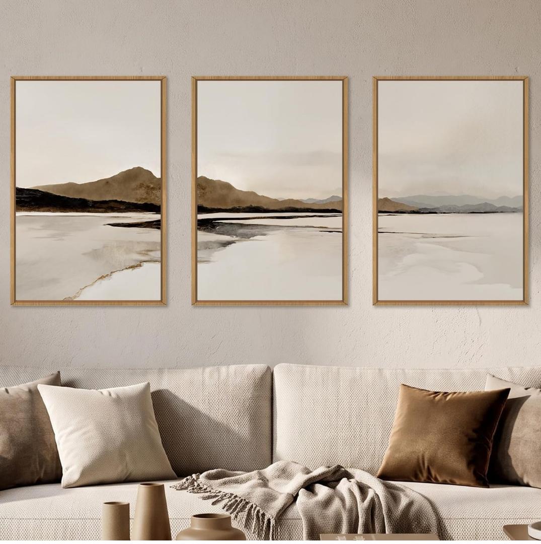 Ausril Netural Abstract Mountain Framed Canvas Wall Art Set -24"X36"X3
Nature Misty Lake Wall Decor Modern Beige Grey Wall Painting Minimalist Landscape Art Prints for Living Room Bedroom Office