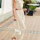 Fisoew Women's Two Piece Outfits Casual Lounge Sets Crop Tops and Joggers Tracksuit with Pockets (Beige, L)