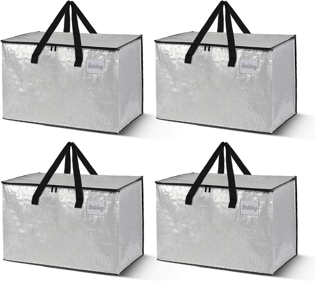 Rolett 4 Pack Extra Large Moving Bags, Heavy Duty Storage Bags with Strong Zippers & Carrying Handles, Storage Totes for Space Saving, Fold Flat, Alternative to Moving Box and bins